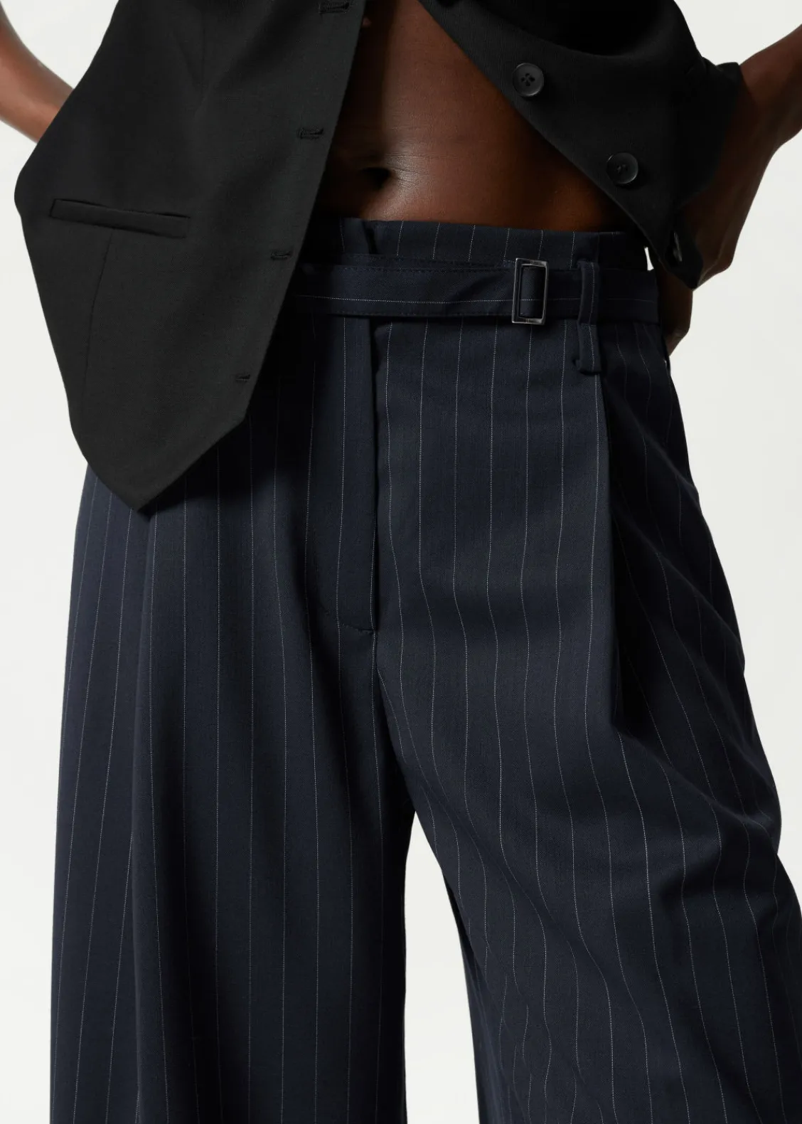 Fashion & Other Stories Pantalon Ceinturé En Laine Mélangée Rayures bleu marine