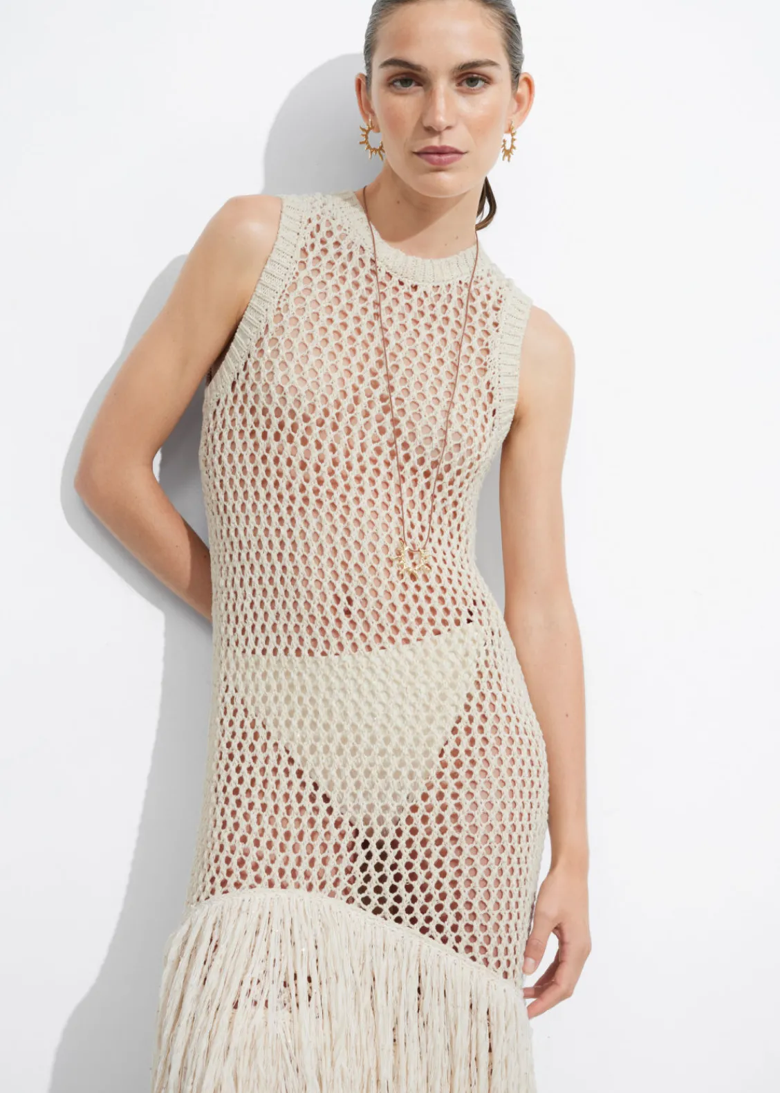 Best Sale & Other Stories Robe Midi Crochetée à Franges Blanc