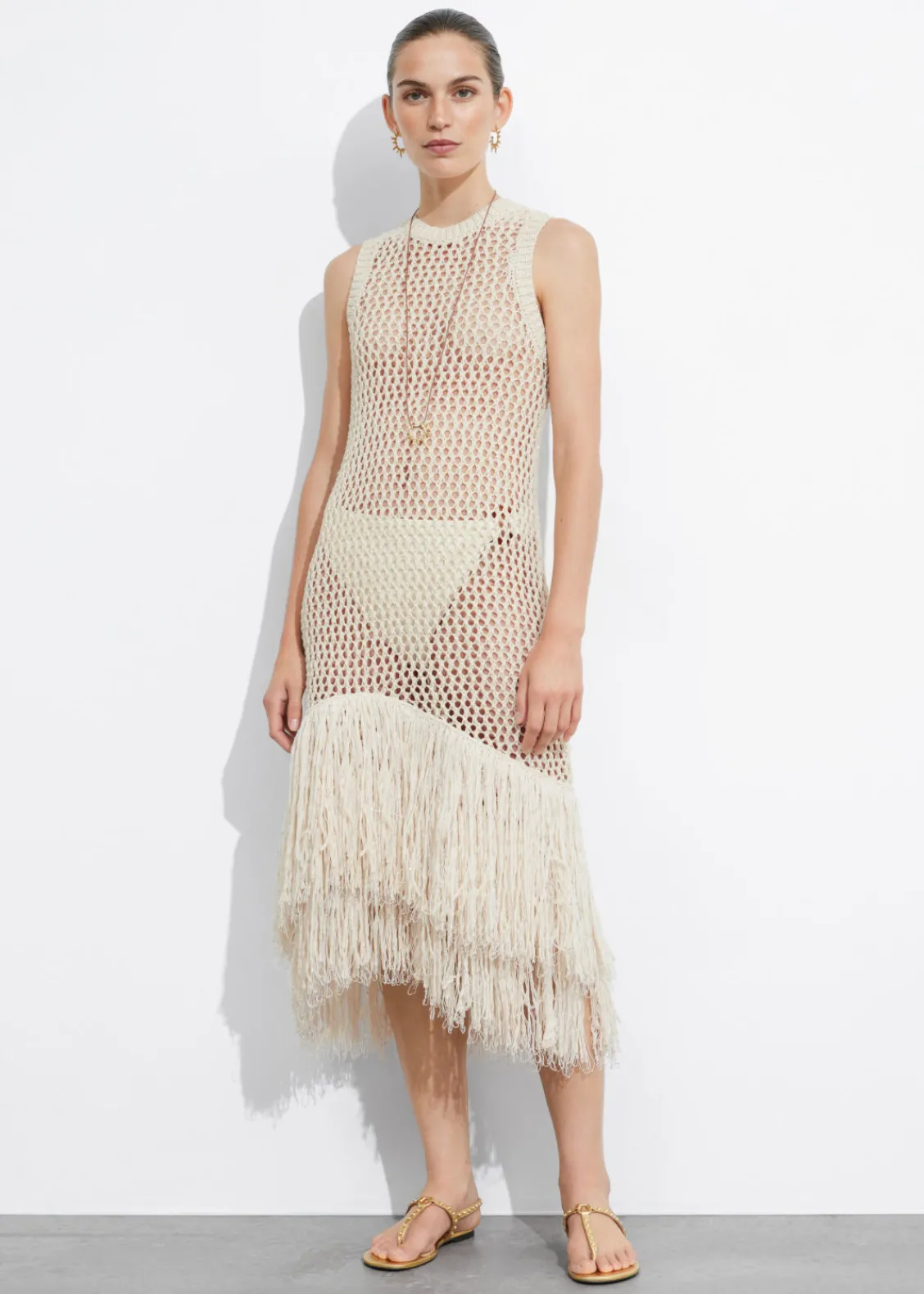 Best Sale & Other Stories Robe Midi Crochetée à Franges Blanc